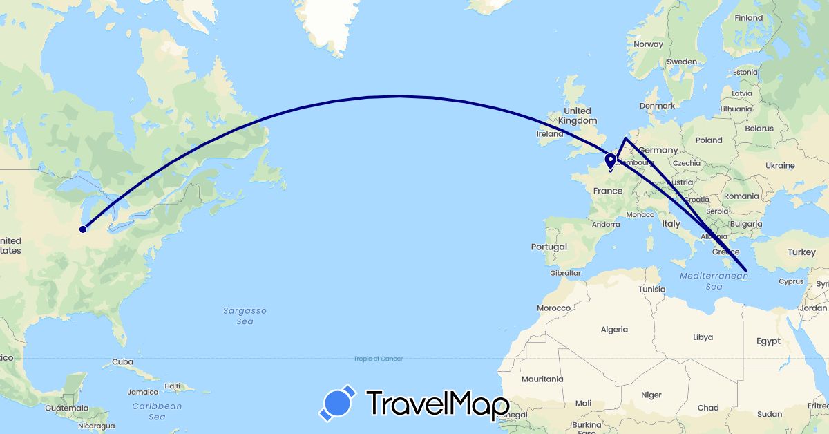 TravelMap itinerary: driving in France, United Kingdom, Greece, Croatia, Netherlands, United States (Europe, North America)